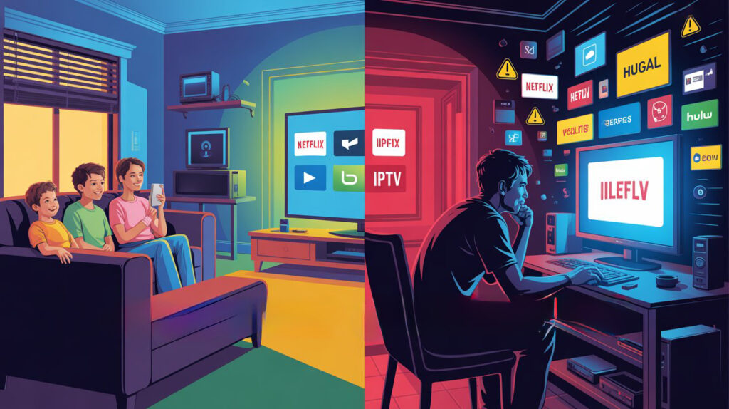 Is IPTV Legal? The Shocking Truth 1 a split screen conceptual advertisement sjDCtkloTou73JyPuS5pYg dD82PEqZQMudJ19ax7sMQg